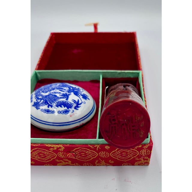 Vintage Chinese Dragon Hand Carved Soapstone Shop Seal & Red Ink Pot Set For Sale - Image 9 of 12