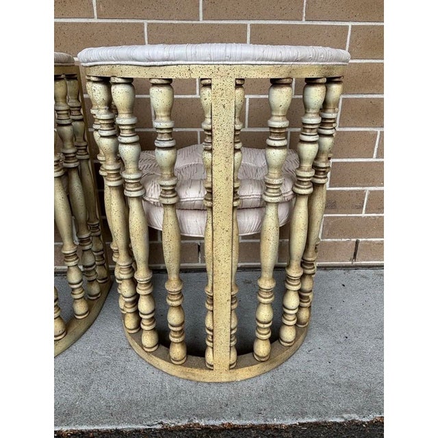 Textile Vintage Hollywood Regency Distressed Cream Washed Spindle Barrel Chairs With Chinese Horseshoe Design, a Pair For Sale - Image 7 of 11