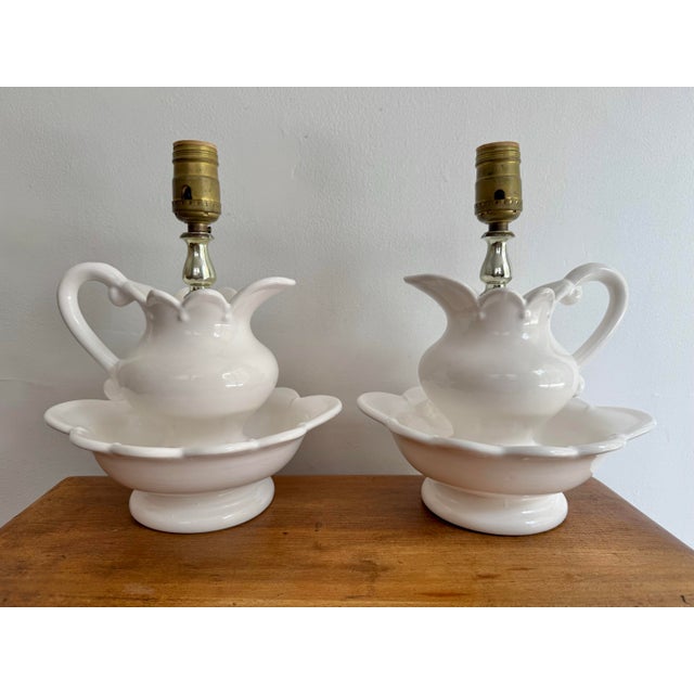 White 1970s French Country White Ceramic Pitcher and Basin Lamp Pair For Sale - Image 8 of 8