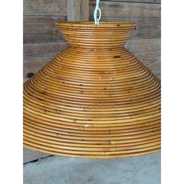 Brown Vintage Italian Pencil-Reed Rattan and Bamboo "Witch Hat" Pendant Light For Sale - Image 8 of 12