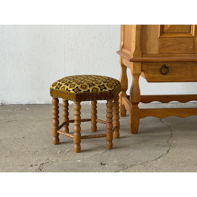 1950s Vintage Scandinavian Oak Bobbin-Turned Stool, 1950s For Sale - Image 5 of 6