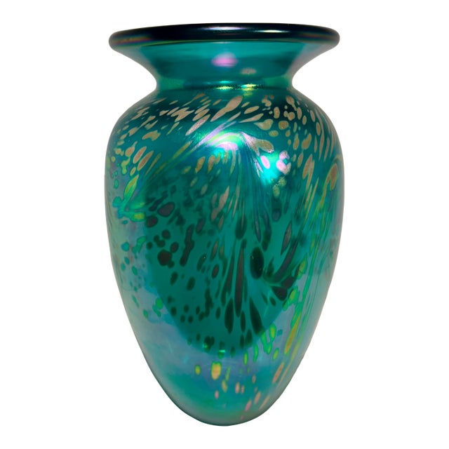 Rare Vintage Murano Iridescent Splatter Turquoise Art Glass Vase 10.5" For Sale