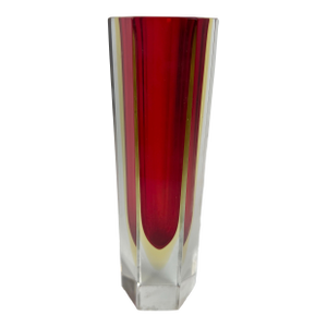 Vintage Red Murano Attributed Sommerso Hexagonal Vase by Mandruzzato