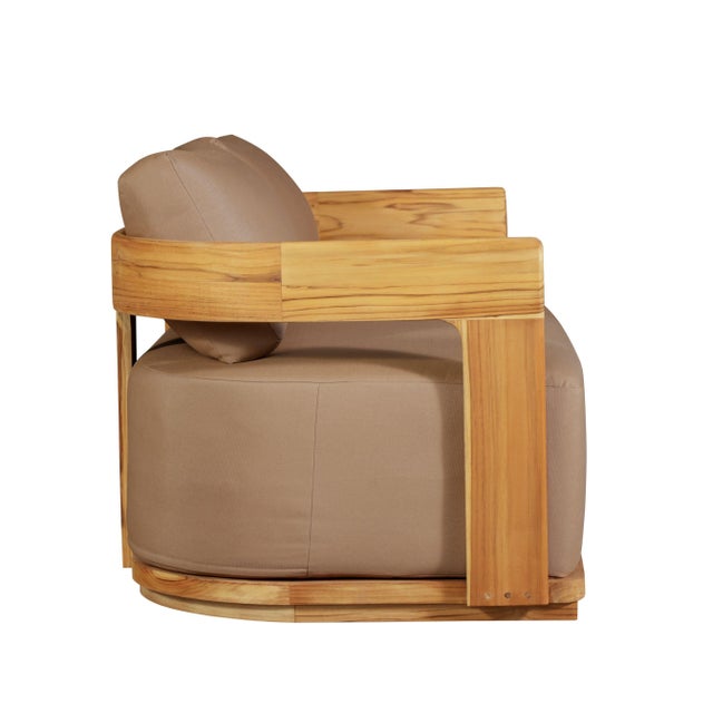Brown Eclipse Outdoor Solid Teak Wood Love Seat - Light Brown Fabric For Sale - Image 8 of 12