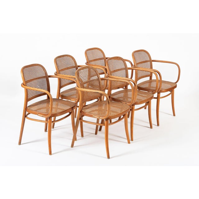 Mid-Century Modern Vintage Bent Wood & Wicker Cafe Chairs by Josef Hoffman for Ligna 1960s - Set of 6 For Sale - Image 3 of 12