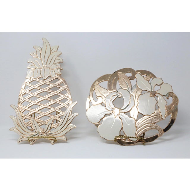 Hollywood Regency Vintage Wm a Rogers Gold Pineapple and Iris Flower Trivets - Set of 2 For Sale - Image 3 of 8