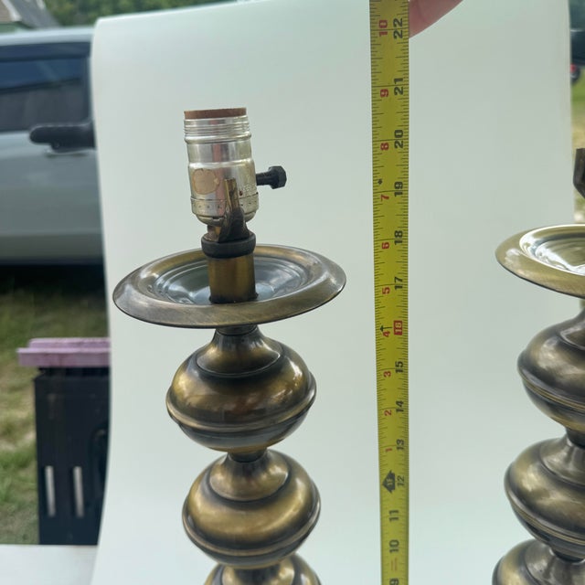 Mid-Century Modern Mid Century Modern Brass Tone Stacked Cylinder Table Lamp- A Pair For Sale - Image 3 of 12