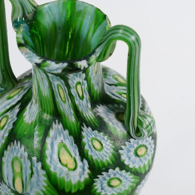 Glass Antique Millefiori Vase Green With Handles, Fratelli Toso Murano Ca. 1920s For Sale - Image 7 of 7