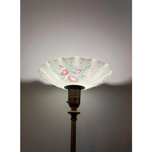 1940s Brass Floor Lamp With Onyx and Flared Torchiere Shade For Sale In Fayetteville, AR - Image 6 of 10