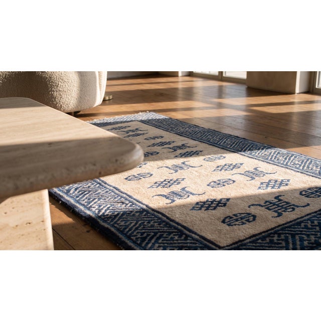 White Stupefying Antique White Ground Color and Blue Border With Symbols Chinese Peking Rug For Sale - Image 8 of 8