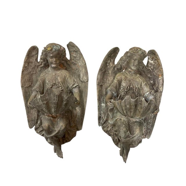Traditional Pair of Vintage Continental Classical Bronze Winged Angel Wall Pockets / Clamshell Holy Water Fonts For Sale - Image 3 of 11