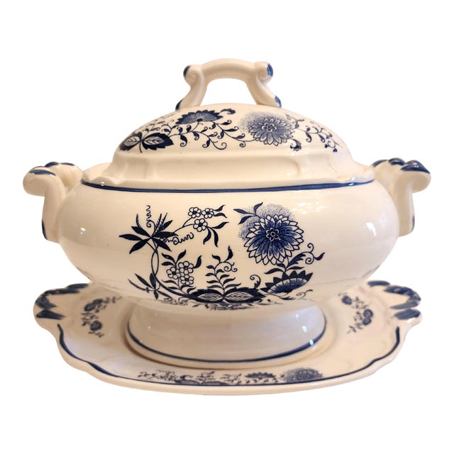 Vintage Blue and White Soup Tureen With Underplate- 2 Pieces For Sale