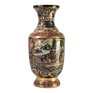 Vintage Moriage Satsuma Gold Embellished Polychrome Temple Vase, Porcelain, 14" For Sale