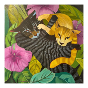 Marc Zimmerman "Paws in Play" Oil Painting, Two Cats in Tropical Jungle, Black and Gold Cats, Pink Hibiscus, Contemporary Art West Coast