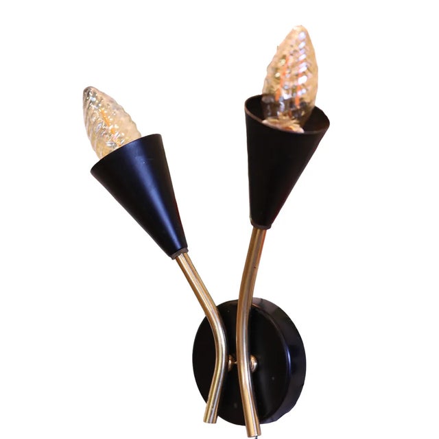 Mid-Century Modern Wall Sconces in Black Lacquered Metal and Brass, 1950s, Set of 2 For Sale - Image 3 of 11