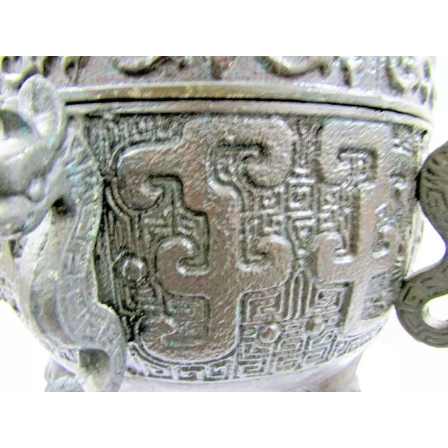 Metal Vintage 1960's Ice Bucket Asian Motif Verdigris James Mont Style Barware For Sale - Image 7 of 12