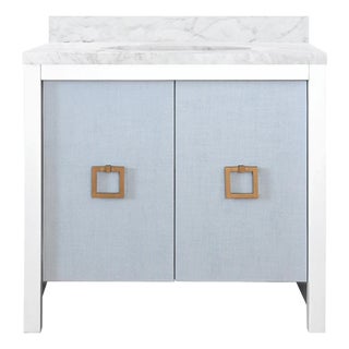Matthew Izzo Home April Light Blue Textured Linen and Matte White Lacquer Single Sink Bath Vanity With Antique Brass Hardware For Sale