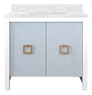 Matthew Izzo Home April Light Blue Textured Linen and Matte White Lacquer Single Sink Bath Vanity With Antique Brass Hardware