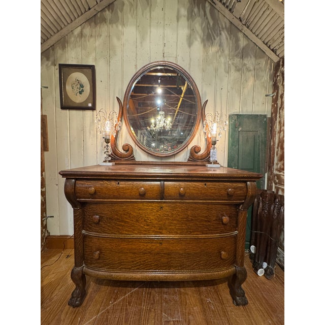 Vintage Tiger Oak Victorian Dresser With Beveled Mirror & Clawfeet. For Sale - Image 12 of 12