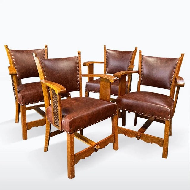 Vintage Oak Chairs in Leather, 1930s, Set of 4 For Sale - Image 9 of 9