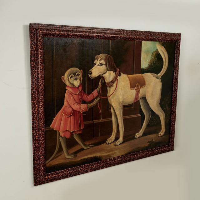 Whimsical mid century oil painting on canvas of a fancy dressed monkey and a dog in a classical garden setting, executed...