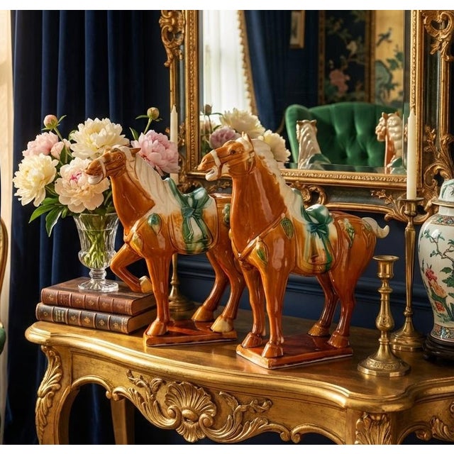 Elegant and striking, this pair of vintage glazed ceramic horse figurines brings timeless character and sculptural beauty...