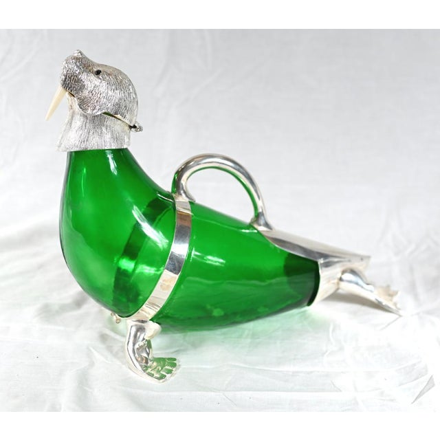 Silver-Plated Green Glass Walrus Decanter Bottle For Sale - Image 9 of 9