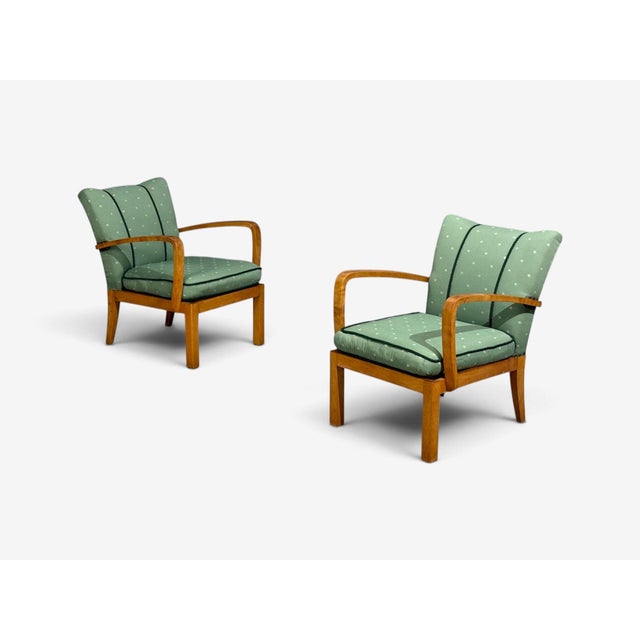 Mid-Century Modern Swedish Modern, Lounge Chairs, Hardwood, Fabric, Sweden, 1940s For Sale - Image 3 of 11