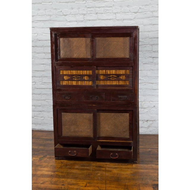 Brown Early 20th Century Japanese Tansu Sliding Door & Drawer Cabinet For Sale - Image 8 of 13