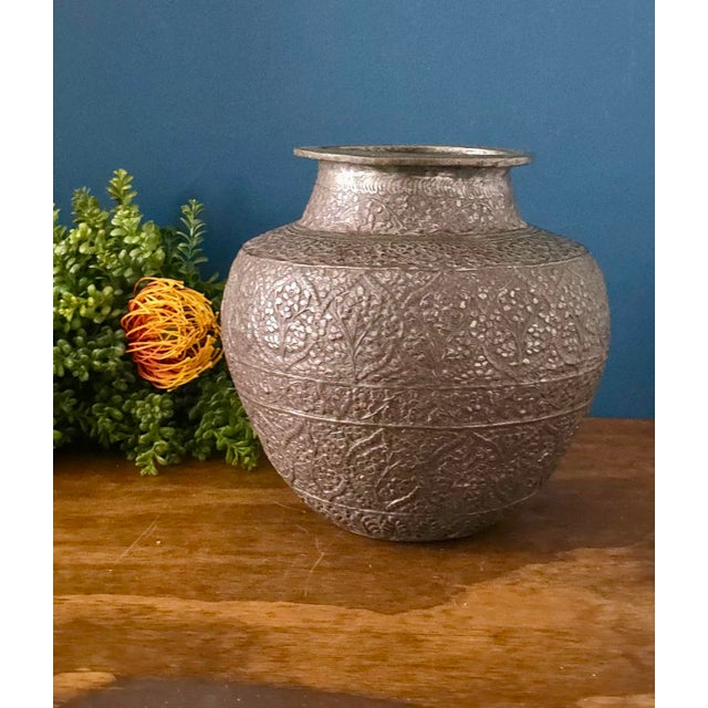 Traditional Antique Repoussé Silver-Plated Copper Vase, Likely Indian, Early 20th Century For Sale - Image 3 of 17