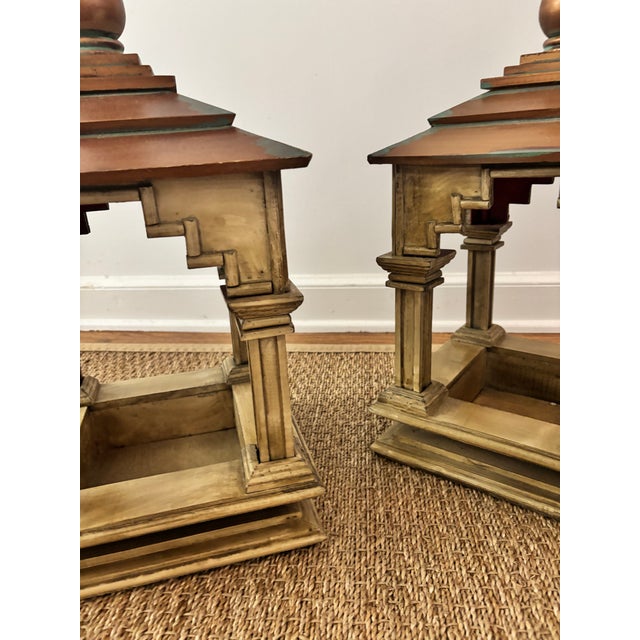 Late 20th Century Vintage Asian-Inspired Pagoda Lantern Stands With Distressed Finish and Faux Verdi Gris Copper Roofs, a Pair For Sale - Image 5 of 11