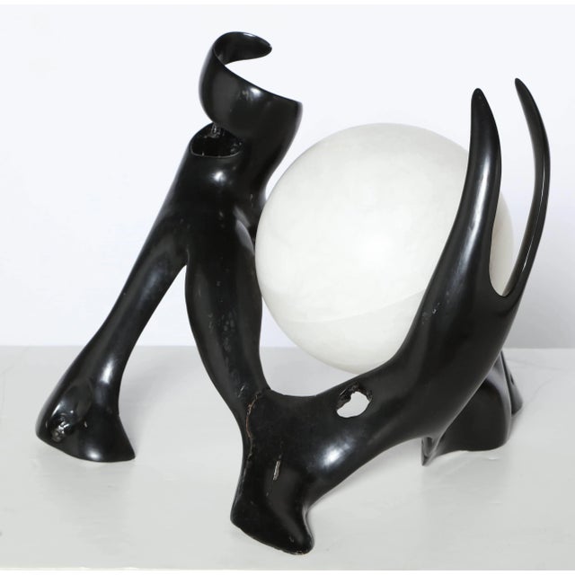 American 1980s Craft Revival Black Lacquered Wood and White Alabaster "Moon" Table Lamp For Sale - Image 3 of 9