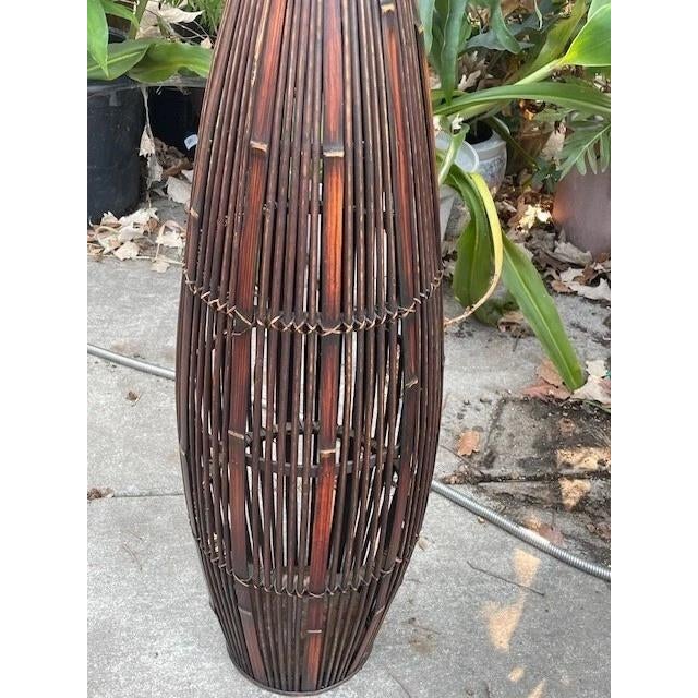 20th Century *GIANT* MCM tall basket dark brown bamboo and twine 53" tall For Sale - Image 4 of 4