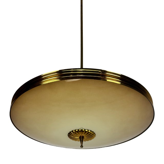 Mid-Century Modern Two Tone Glass and Brass Pendant Lamp by Pietro Chiesa for Fontana Arte, Italy, 1950s For Sale