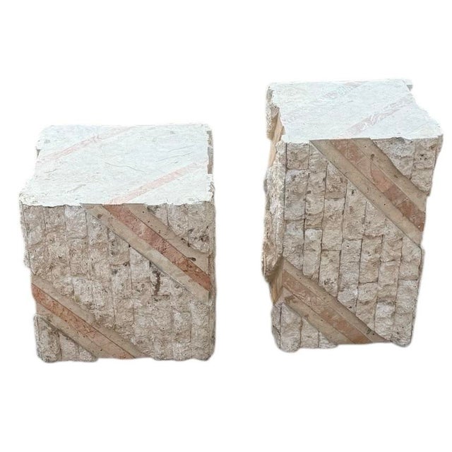 Postmodern Tessellated Pink Marble and Beige Stone Pedestal Set For Sale In Phoenix - Image 6 of 9