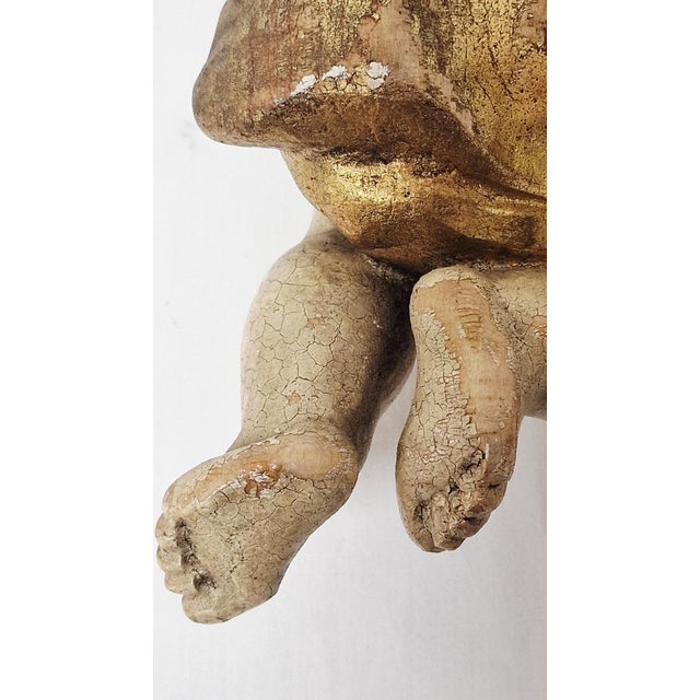 Winged Putto Playing the Wind Instrument Carved in Wood, Early 1900s For Sale - Image 4 of 17