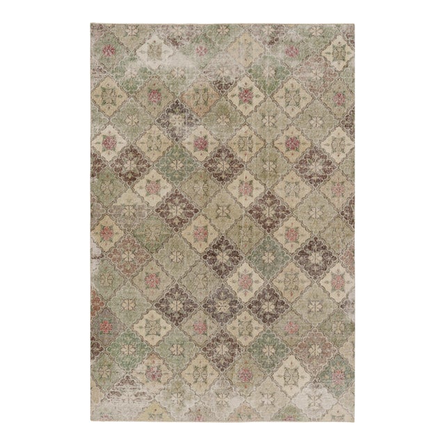 Vintage Turkish Rug, Beige-Brown With Green Geometric Floral Design - Rug & Kilim For Sale