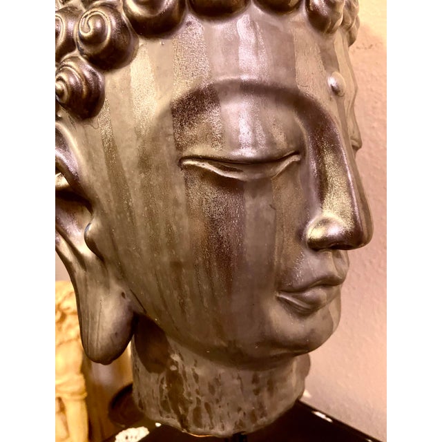 Extra Large Ceramic Buddha Head Sculpture Mounted on a Metal Stand For Sale - Image 9 of 12