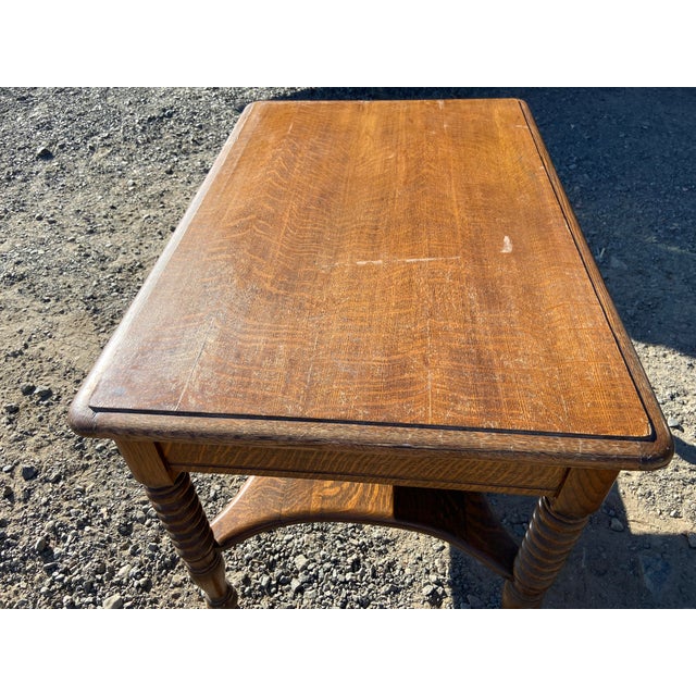 Wood Antique Oak Arts and Crafts Mission Library Table Wirh Twisted Legs Needs Restoration For Sale - Image 7 of 18