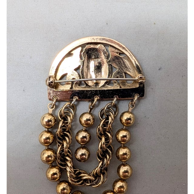 Metal Vintage 1970s Signed Napier Egyptian Revival Goldtone Scarab & Serpents Fringe Brooch For Sale - Image 7 of 8