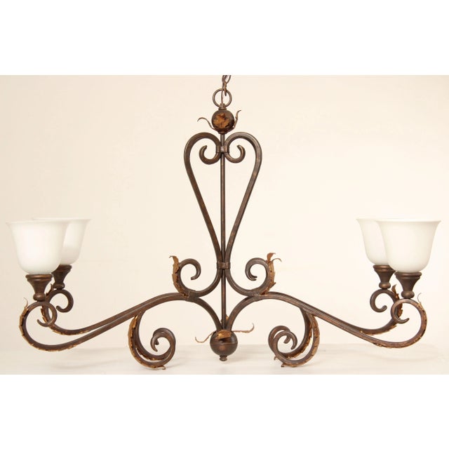 High Quality Wrought Iron 4-Arm Chandelier with Opaque Glass Shades and Gold Painted Acanthus Leaf Decoration