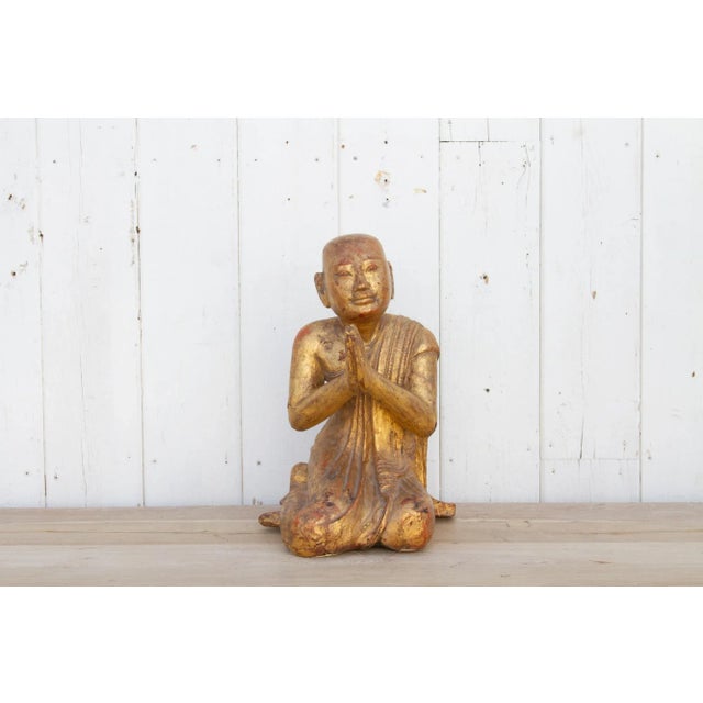 Asian Elegant Burmese Gilded Praying Monk For Sale - Image 3 of 10