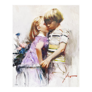Pino Daeni, the Kiss, Hand Embellished Canvas, Hand Signed Edition, 20x16 In. Stretched