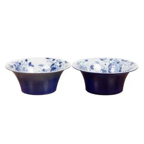 Vintage Thai blue and white porcelain wash basins with cobalt blue patina and floral motifs, priced and sold individually...