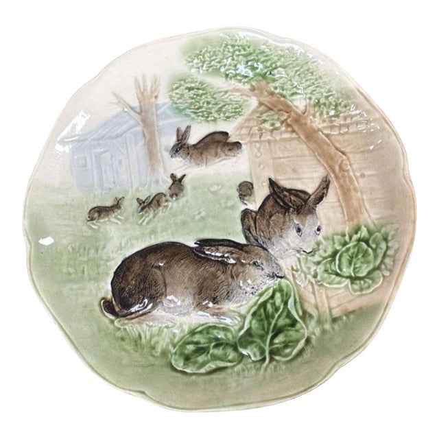 Majolica Bunnies Family Plate Choisy Le Roi, Circa 1900 For Sale