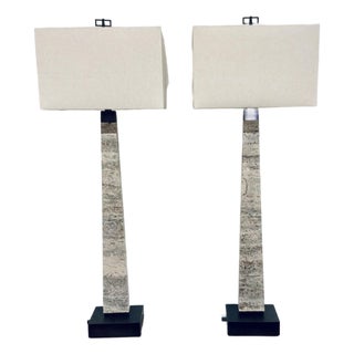 Revelation Modern Travertine Spire Buffet Lamps Pair For Sale