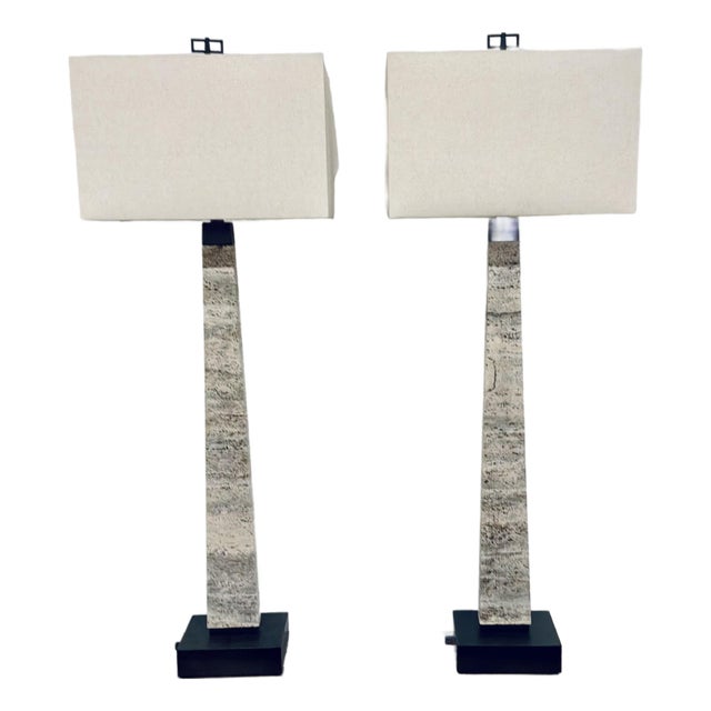 Revelation Modern Travertine Spire Buffet Lamps Pair For Sale