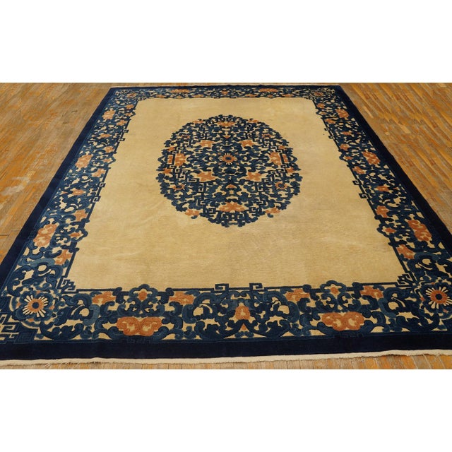 Asian Antique Superb Tan Beige and Blue Color With Chinoiserie Design Antique Chinese Peking Rug For Sale - Image 3 of 10