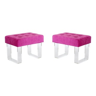 Fuchsia Velvet Tops Acrylic Benches- a Pair For Sale