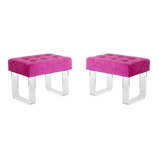 Fuchsia Velvet Tops Acrylic Benches- a Pair For Sale